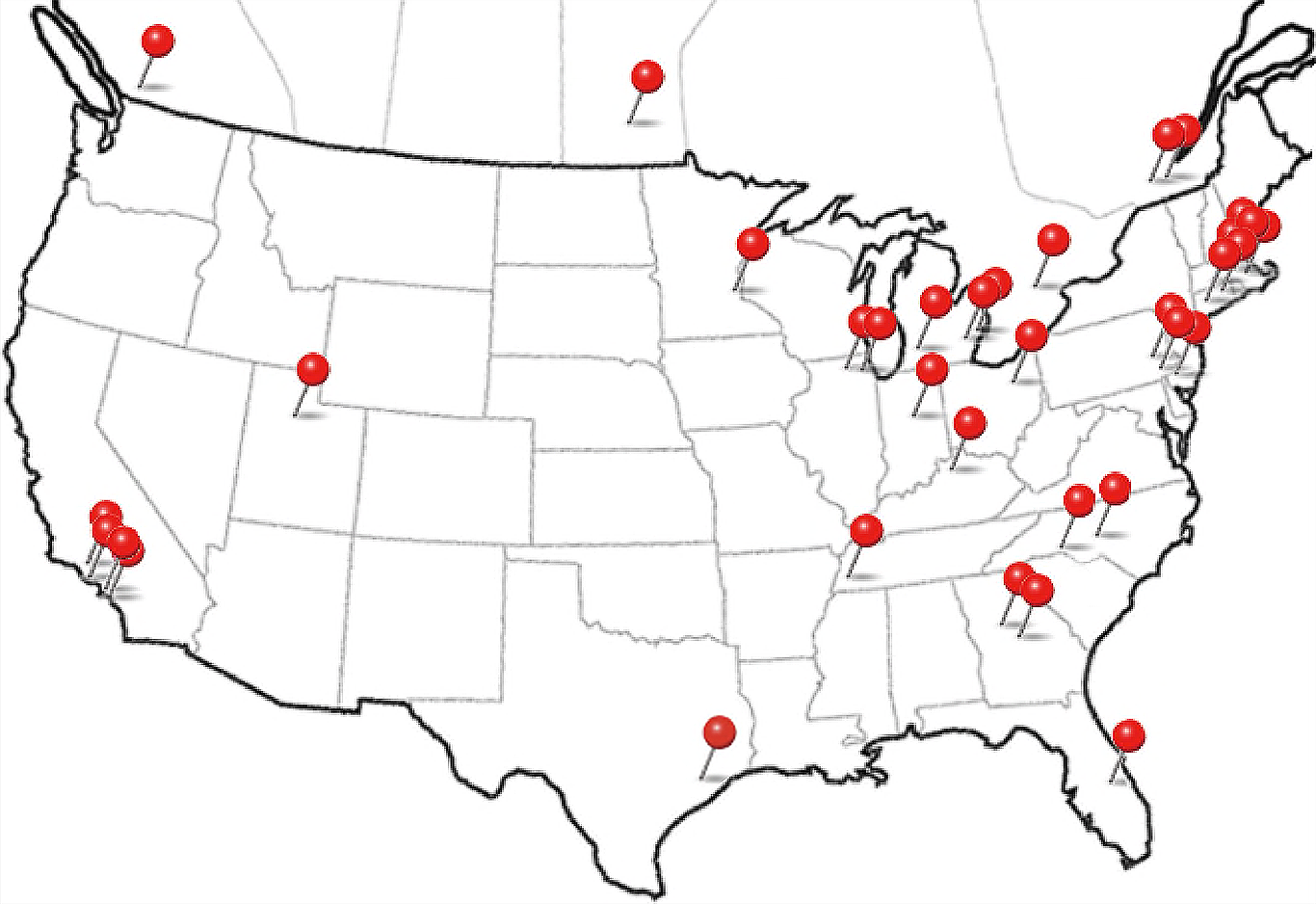 Map of Teflon Licensed Industrial Applicators North America
